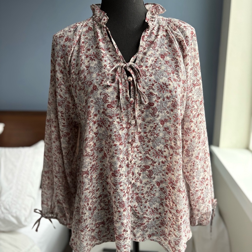 Dress Forum Sheer Floral Blouse with Tie Front and Ruffled Collar